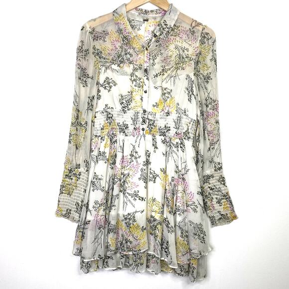 Free People Floral Peasant Dress Womens S Ivory Sheer Tiered Ruffles Boho Flowy - Picture 3 of 11
